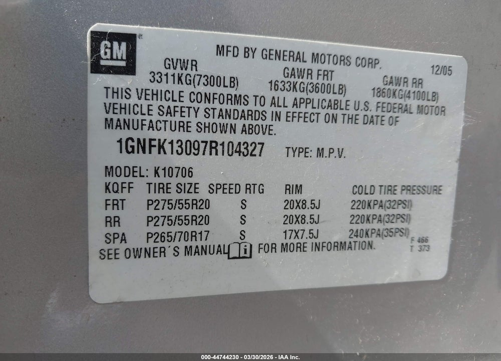 2007 CHEVROLET TAHOE LT VIN: 1GNFK13097R104327