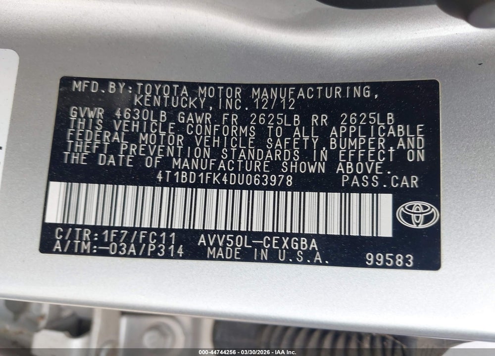 2013 TOYOTA CAMRY HYBRID XLE VIN: 4T1BD1FK4DU063978