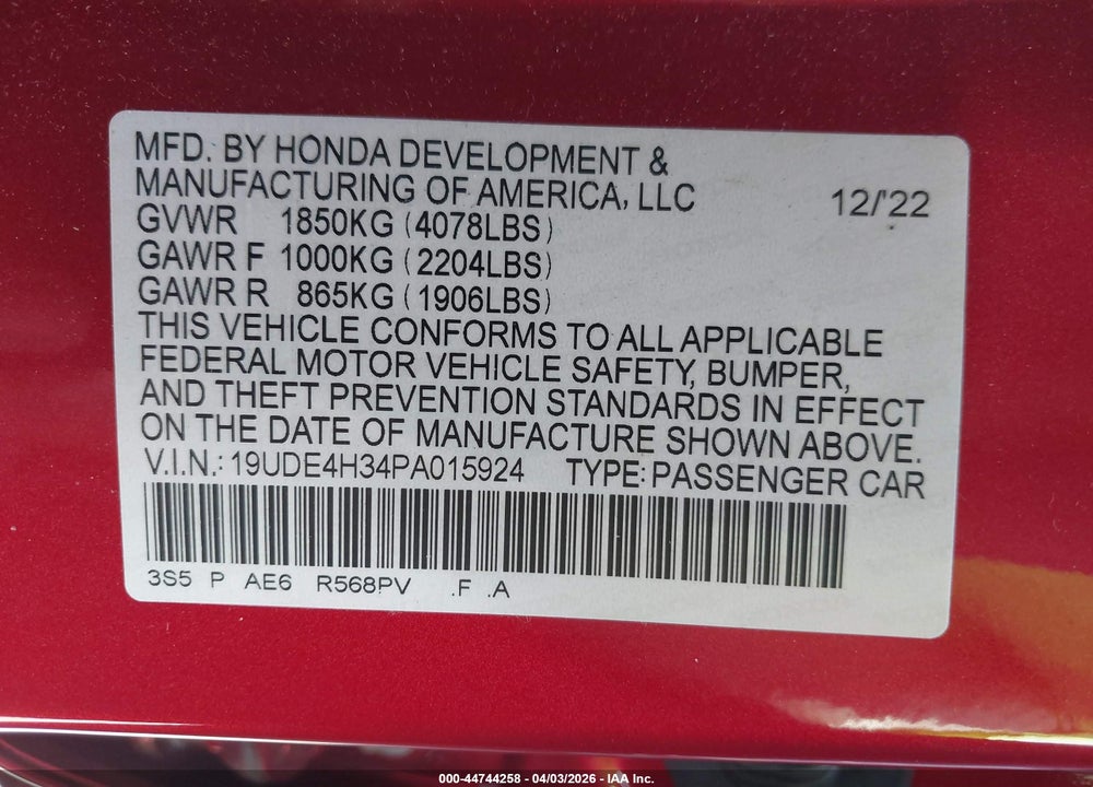 2023 ACURA INTEGRA A-SPEC VIN: 19UDE4H34PA015924