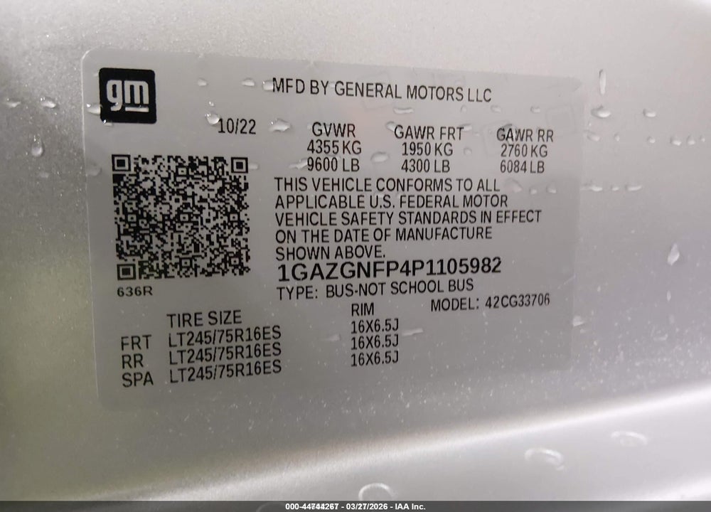 2023 CHEVROLET EXPRESS PASSENGER RWD 3500 EXTENDED WHEELBASE LS VIN: 1GAZGNFP4P1105982