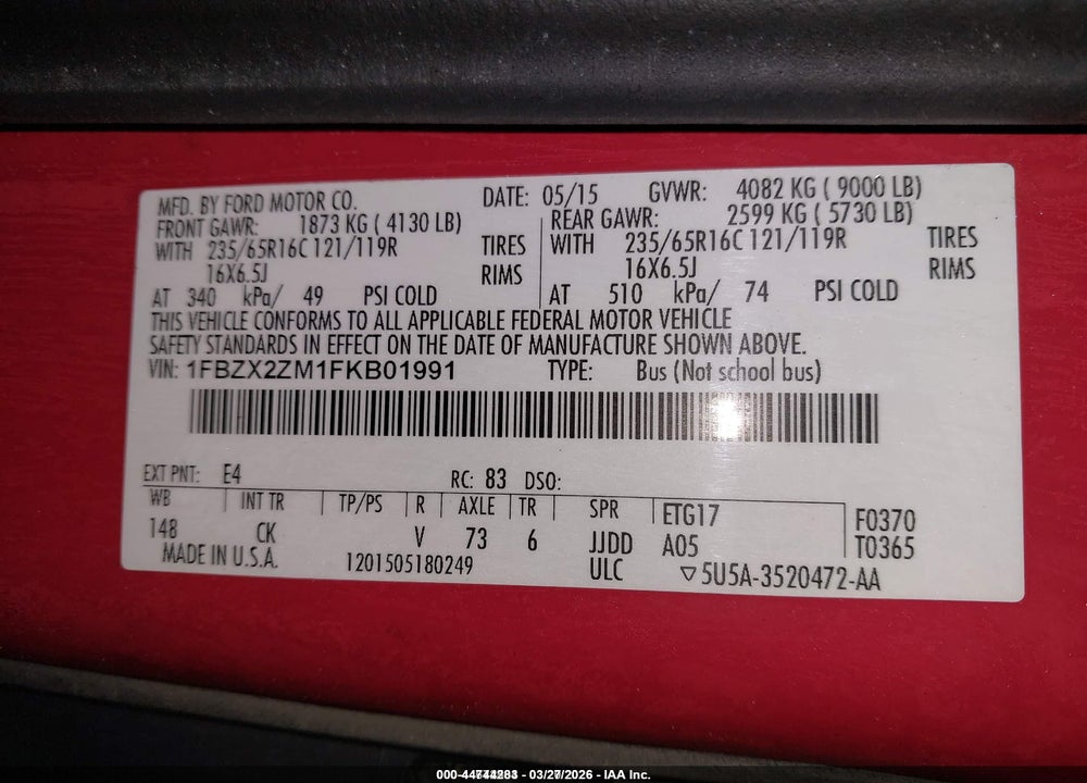 2015 FORD TRANSIT-350 XLT VIN: 1FBZX2ZM1FKB01991