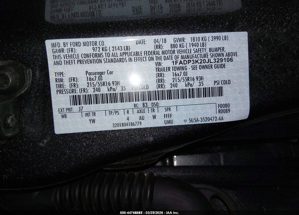 2018 FORD FOCUS SE VIN: 1FADP3K20JL329106