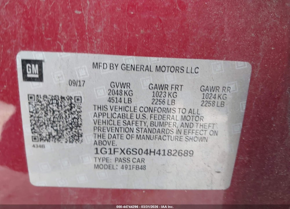 2017 CHEVROLET BOLT EV PREMIER VIN: 1G1FX6S04H4182689