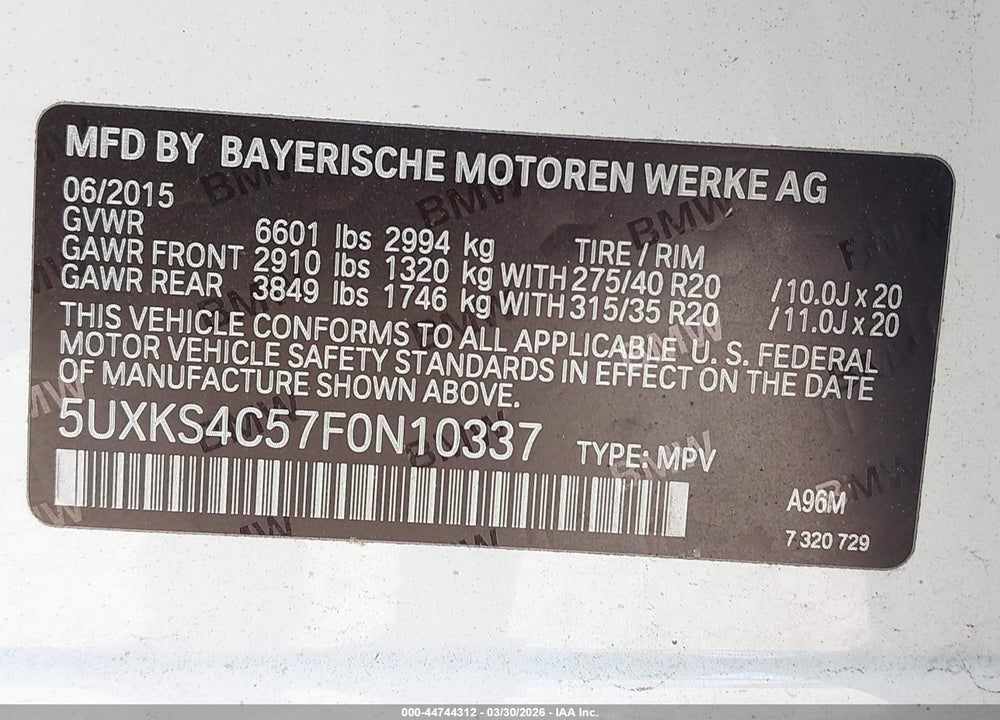 2015 BMW X5 XDRIVE35D VIN: 5UXKS4C57F0N10337