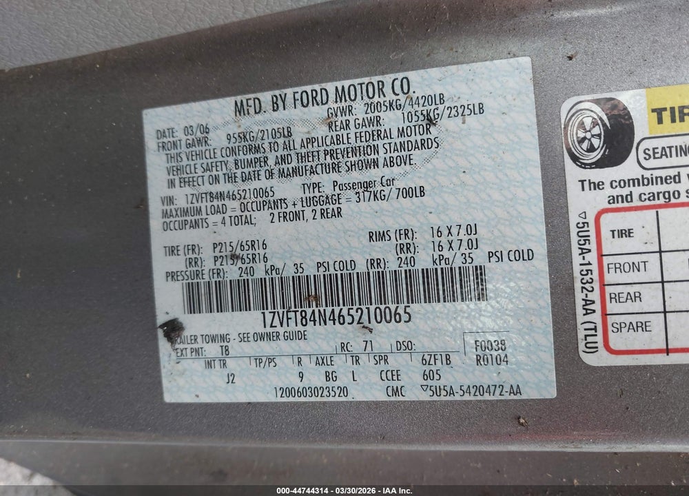 2006 FORD MUSTANG V6 VIN: 1ZVFT84N465210065