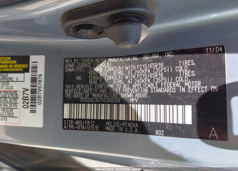 2005 TOYOTA SIENNA LE VIN: 5TDZA23C75S260258
