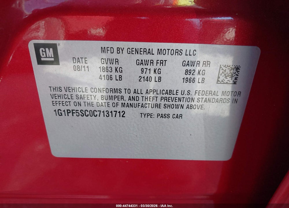 2012 CHEVROLET CRUZE 1LT VIN: 1G1PF5SC0C7131712