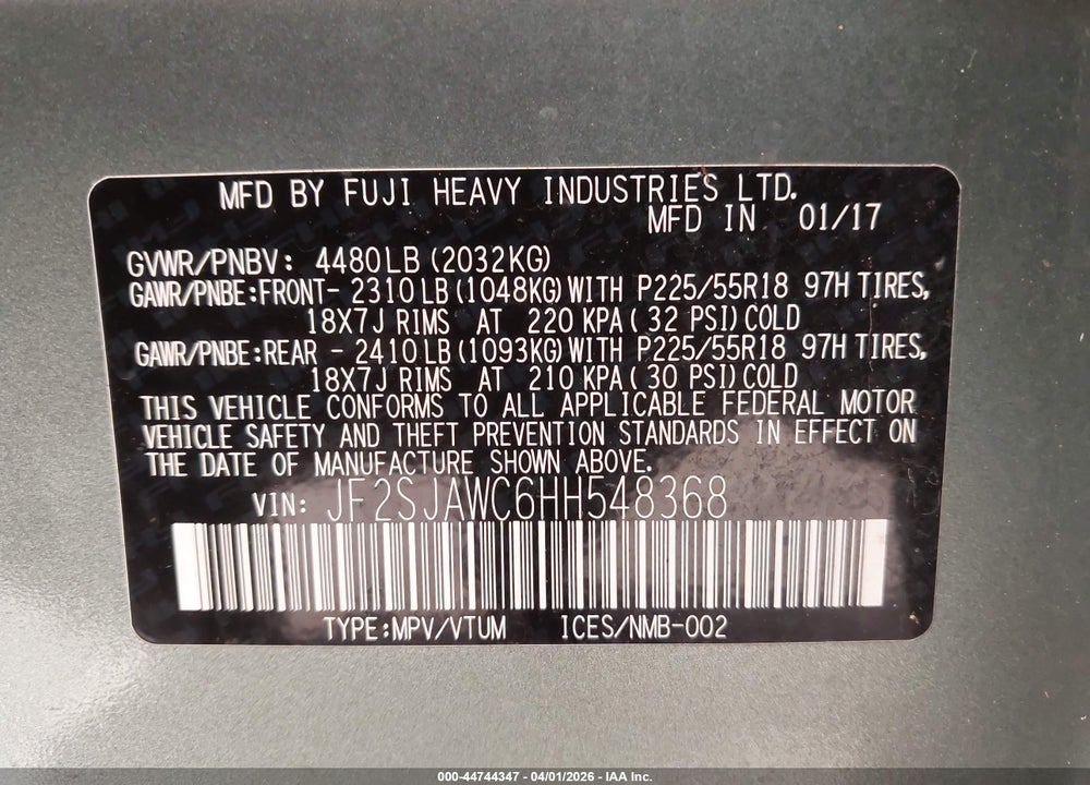 2017 SUBARU FORESTER 2.5I TOURING VIN: JF2SJAWC6HH548368