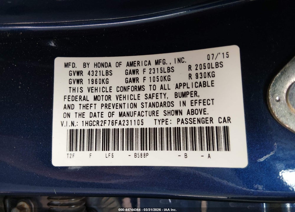 2015 HONDA ACCORD EX VIN: 1HGCR2F76FA231105
