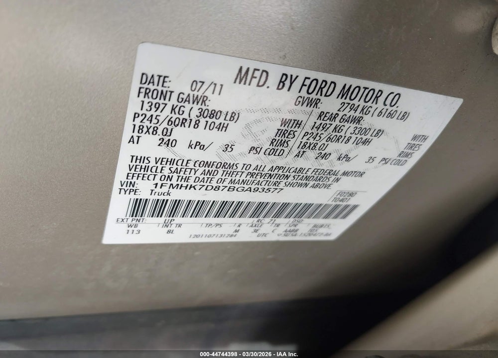 2011 FORD EXPLORER XLT VIN: 1FMHK7D87BGA93577