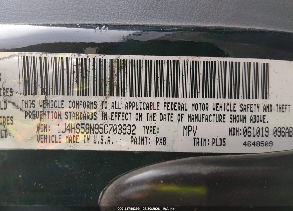 2005 JEEP GRAND CHEROKEE LIMITED VIN: 1J4HS58N95C703932