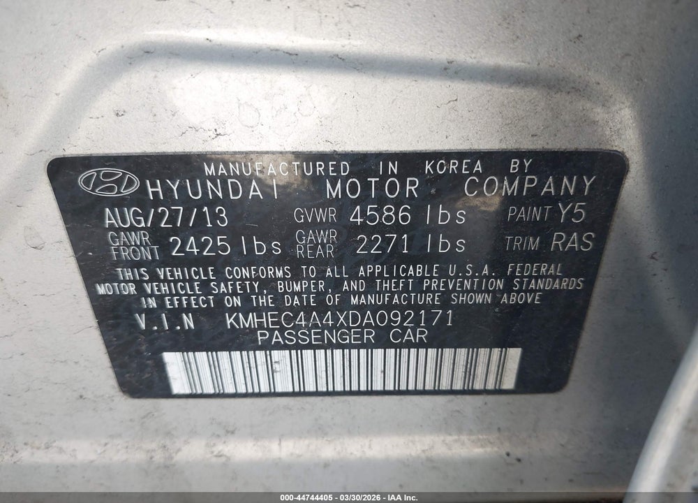 2013 HYUNDAI SONATA HYBRID LIMITED VIN: KMHEC4A4XDA092171