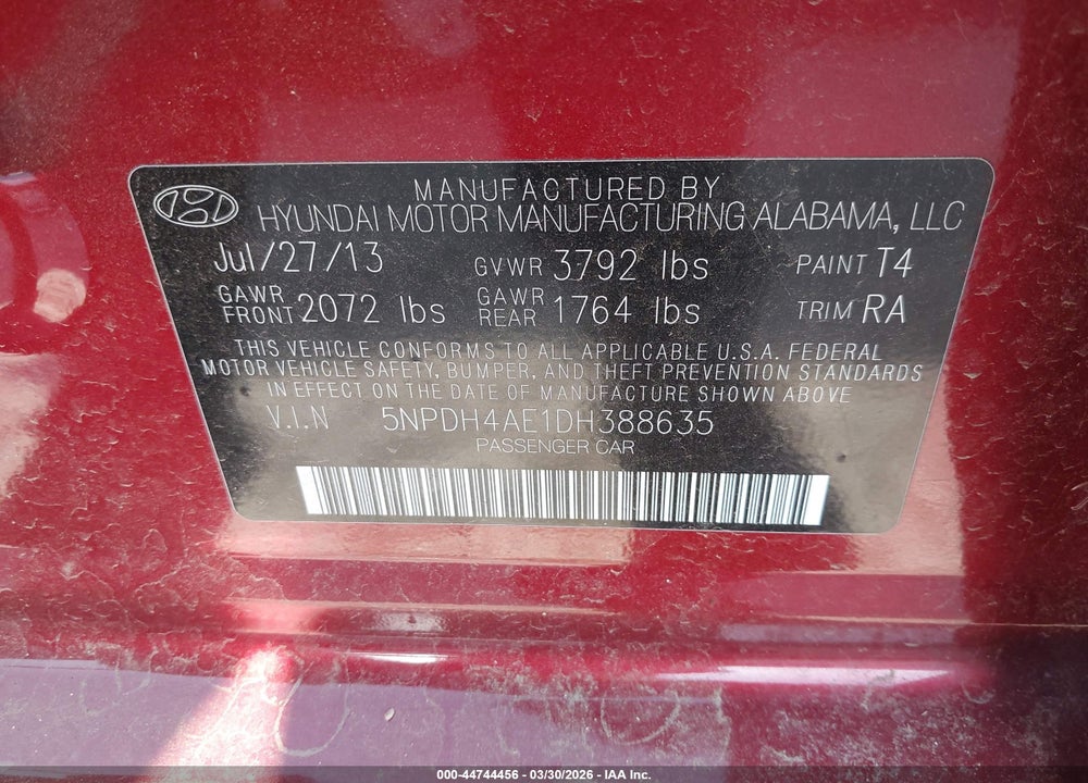 2013 HYUNDAI ELANTRA GLS VIN: 5NPDH4AE1DH388635