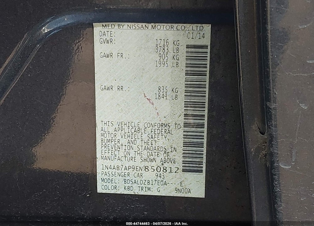 2014 NISSAN SENTRA FE+ S/FE+ SV/S/SL/SR/SV VIN: 1N4AB7AP9EN850812