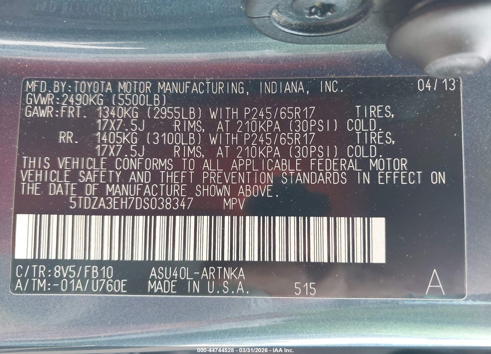 2013 TOYOTA HIGHLANDER VIN: 5TDZA3EH7DS038347