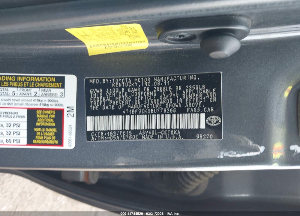 2011 TOYOTA CAMRY SE VIN: 4T1BF3EKXBU778266