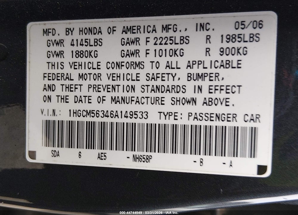 2006 HONDA ACCORD 2.4 SE VIN: 1HGCM56346A149533