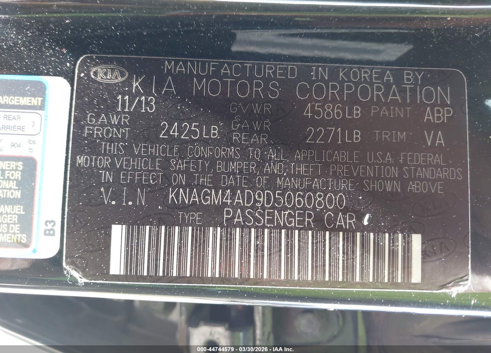 2013 KIA OPTIMA HYBRID LX VIN: KNAGM4AD9D5060800
