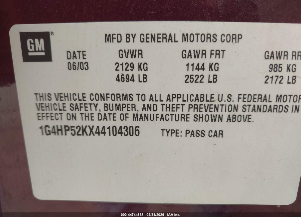 2004 BUICK LESABRE CUSTOM VIN: 1G4HP52KX44104306