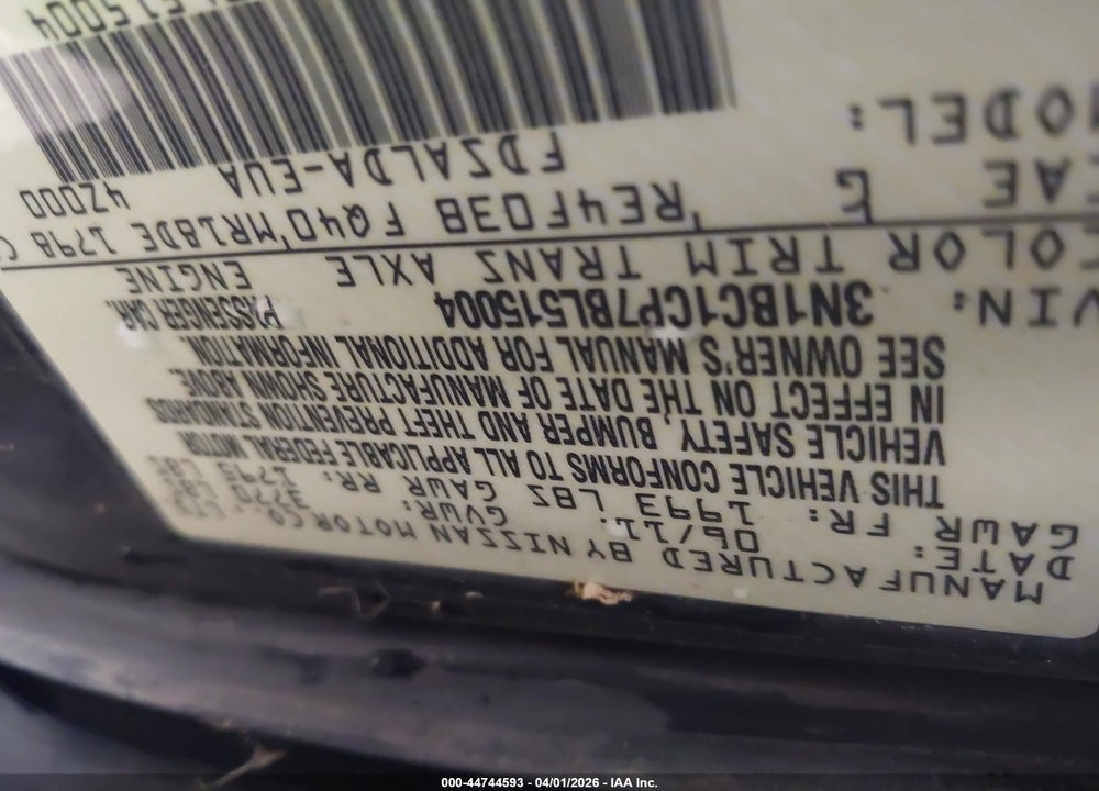 2011 NISSAN VERSA 1.8S VIN: 3N1BC1CP7BL515004