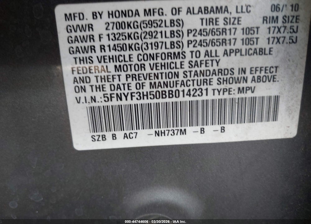 2011 HONDA PILOT EX-L VIN: 5FNYF3H50BB014231