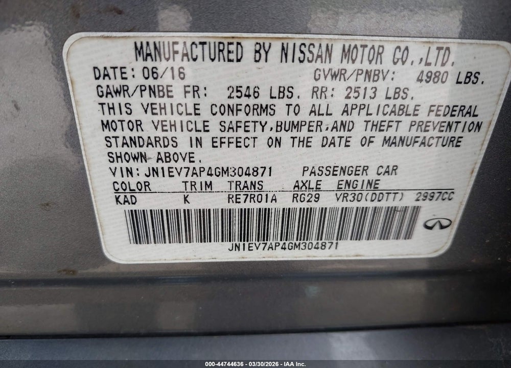 2016 INFINITI Q50 3.0T PREMIUM VIN: JN1EV7AP4GM304871