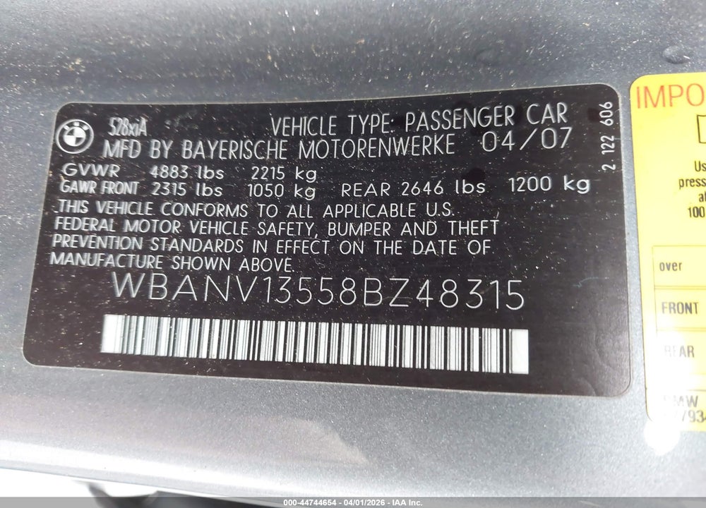 2008 BMW 528XI VIN: WBANV13558BZ48315