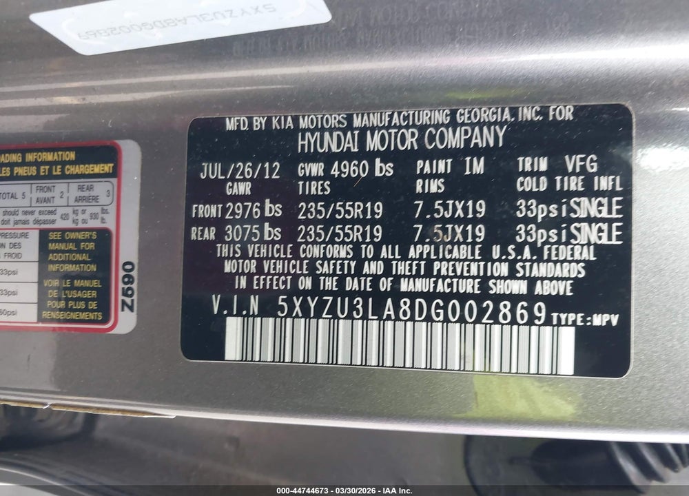 2013 HYUNDAI SANTA FE SPORT 2.0T VIN: 5XYZU3LA8DG002869