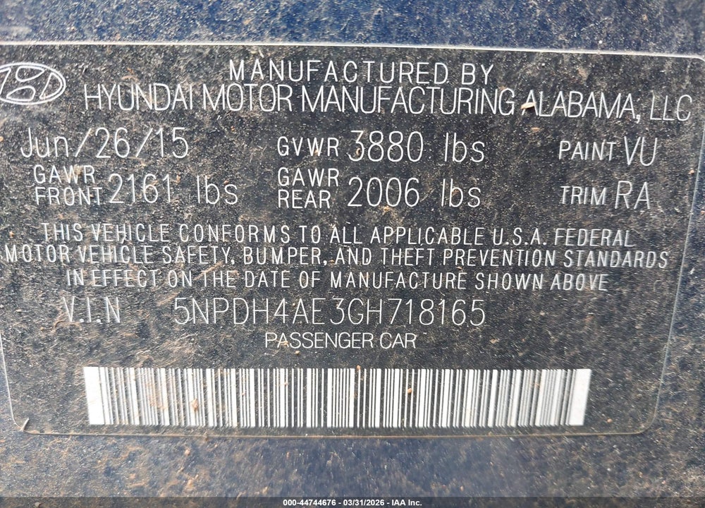 2016 HYUNDAI ELANTRA SE VIN: 5NPDH4AE3GH718165