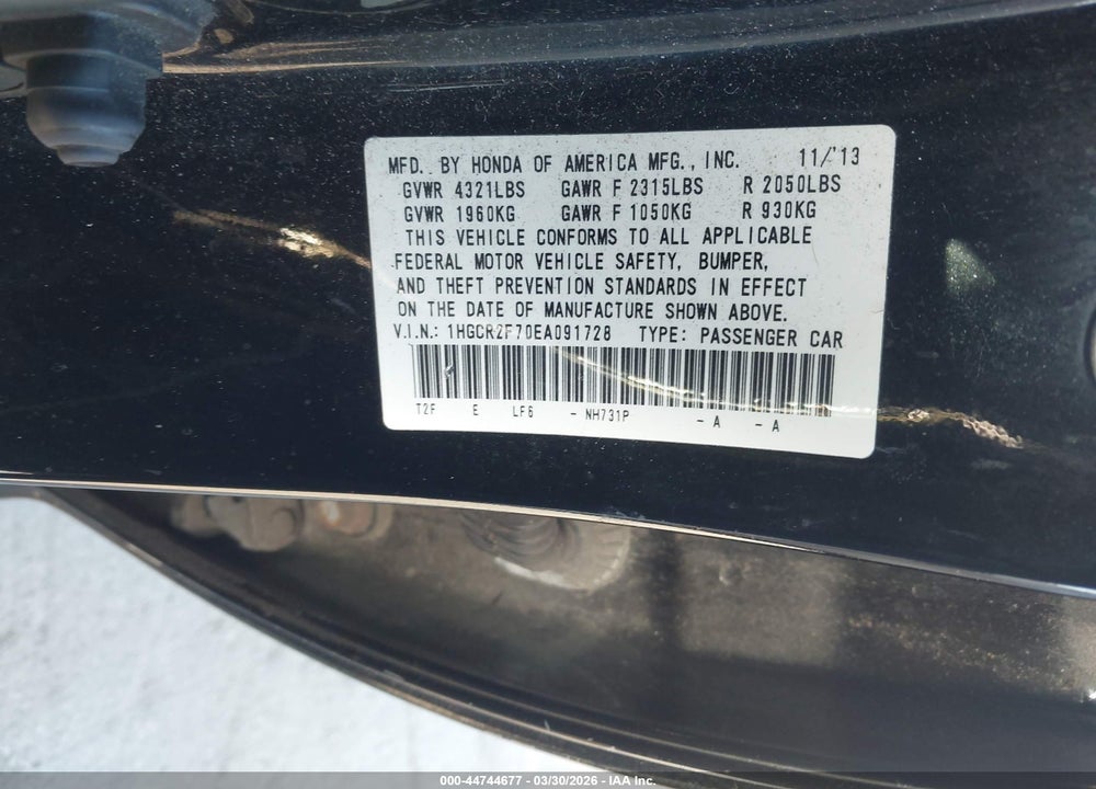2014 HONDA ACCORD EX VIN: 1HGCR2F70EA091728