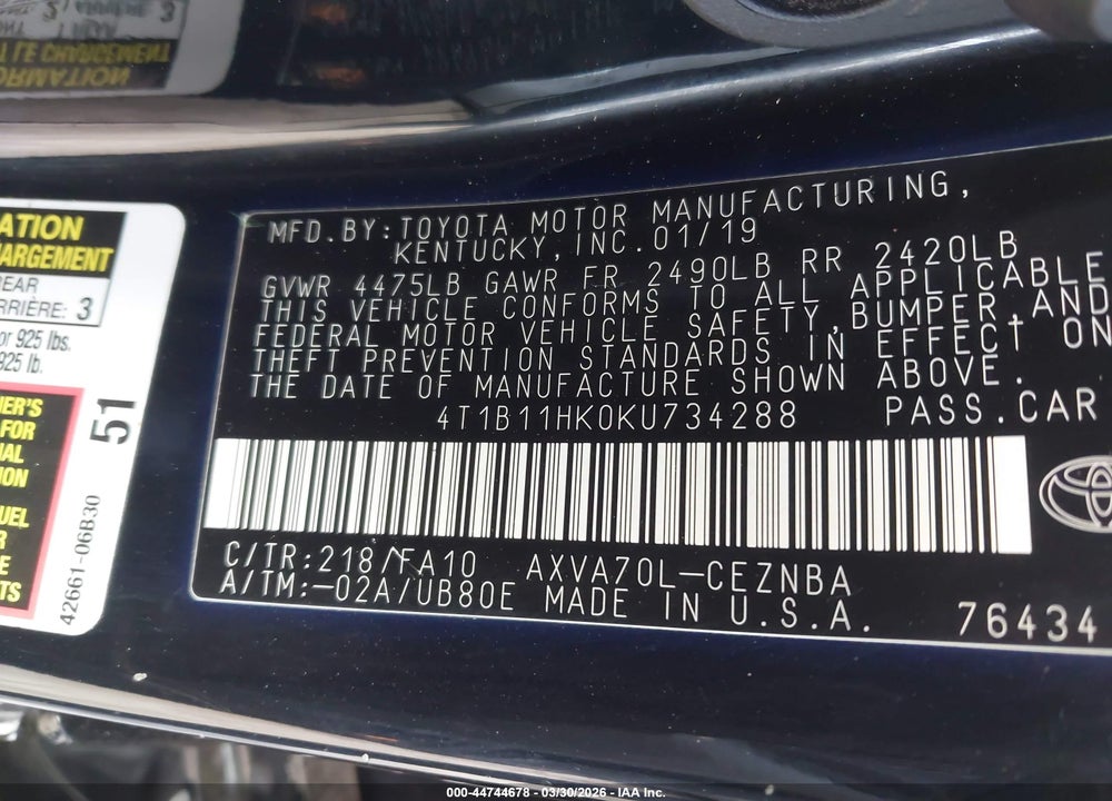 2019 TOYOTA CAMRY LE VIN: 4T1B11HK0KU734288