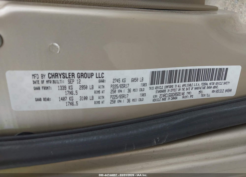 2013 CHRYSLER TOWN & COUNTRY LIMITED VIN: 2C4RC1GG6DR569146