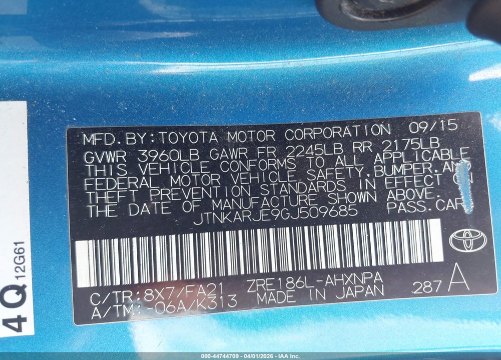 2016 SCION IM VIN: JTNKARJE9GJ509685