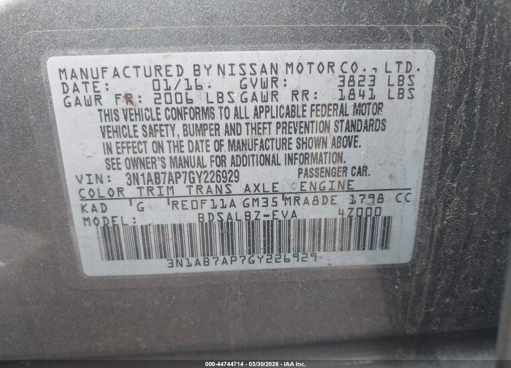 2016 NISSAN SENTRA S VIN: 3N1AB7AP7GY226929