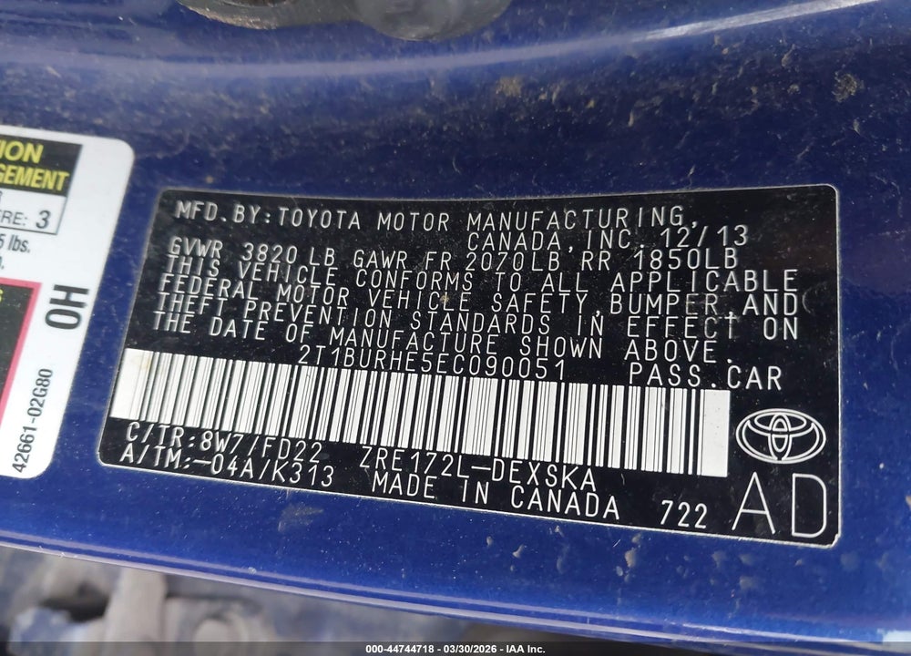 2014 TOYOTA COROLLA S PLUS VIN: 2T1BURHE5EC090051