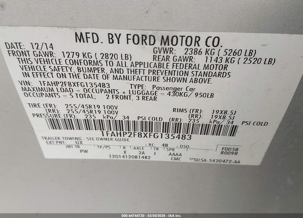 2015 FORD TAURUS LIMITED VIN: 1FAHP2F8XFG135483