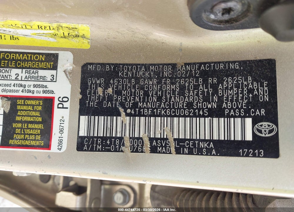 2012 TOYOTA CAMRY LE VIN: 4T1BF1FK6CU062145