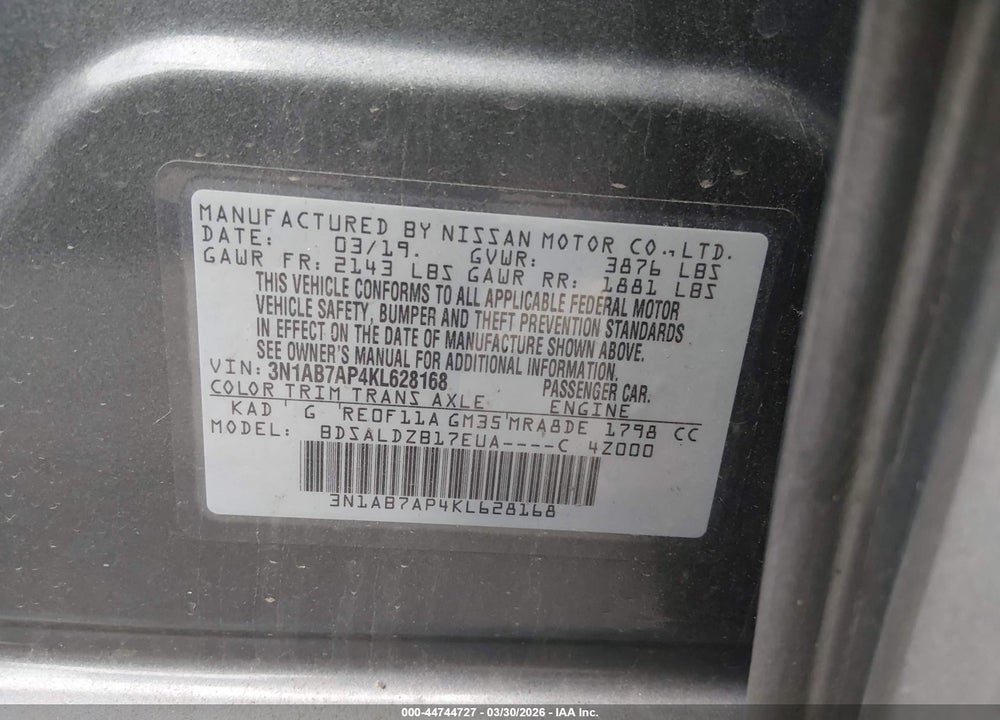 2019 NISSAN SENTRA SV VIN: 3N1AB7AP4KL628168