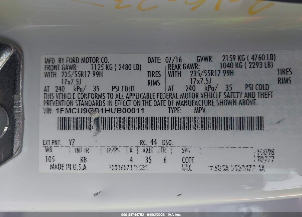 2017 FORD ESCAPE SE VIN: 1FMCU9GD1HUB00011