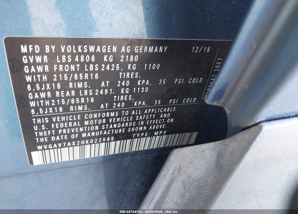 2017 VOLKSWAGEN TIGUAN 2.0T/2.0T S VIN: WVGAV7AX2HK022586
