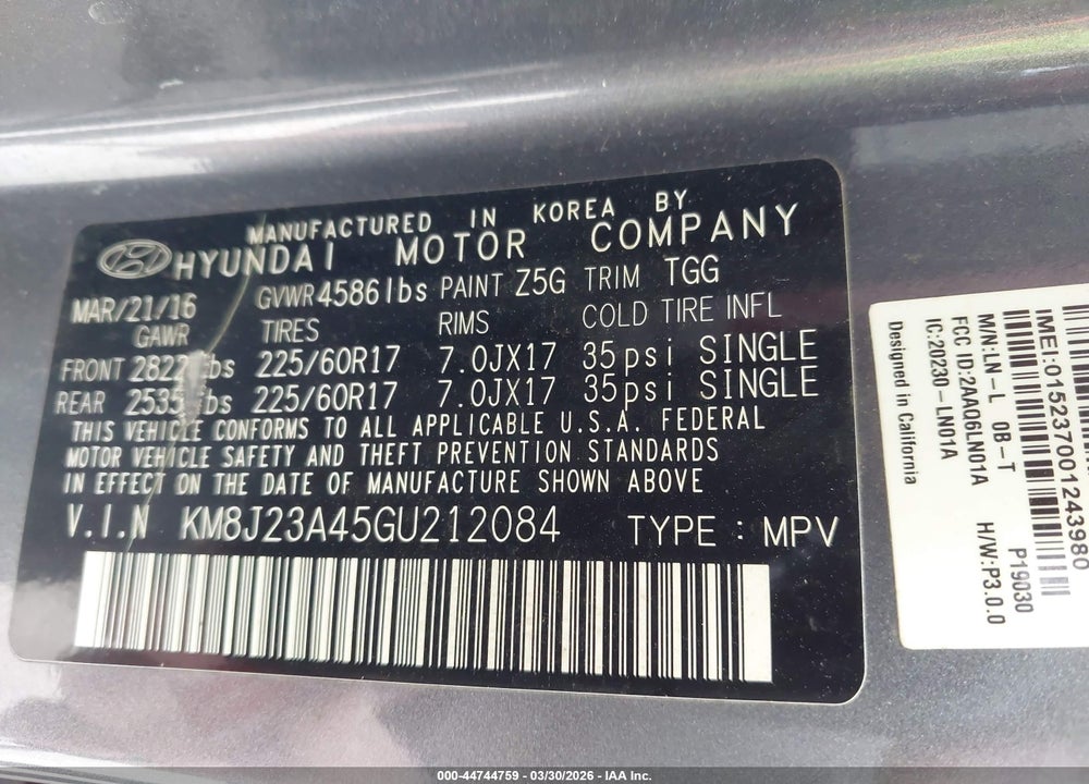 2016 HYUNDAI TUCSON SE VIN: KM8J23A45GU212084