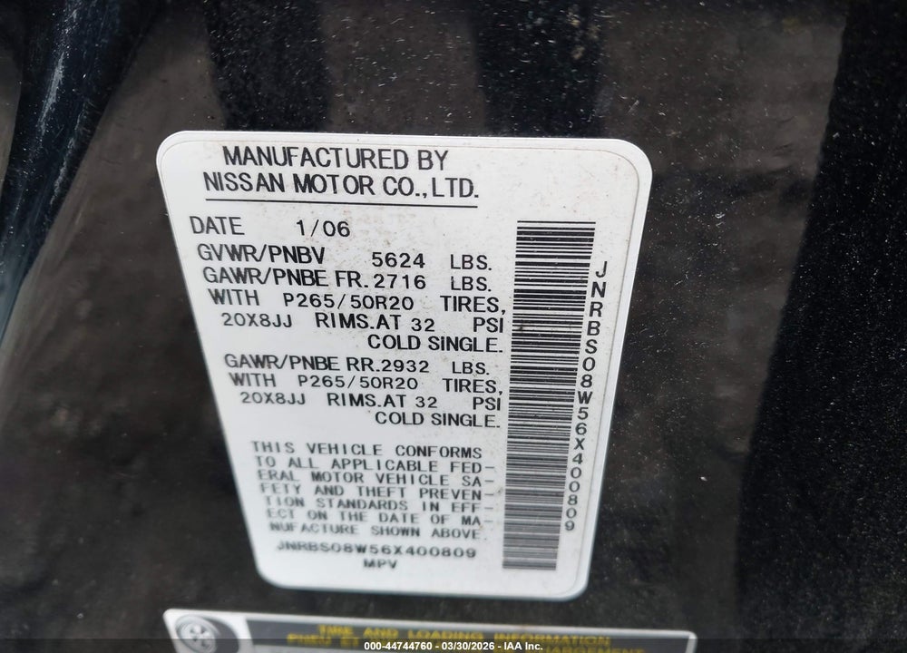 2006 INFINITI FX45 VIN: JNRBS08W56X400809
