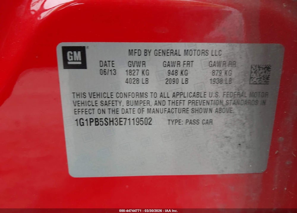 2014 CHEVROLET CRUZE LS MANUAL VIN: 1G1PB5SH3E7119502