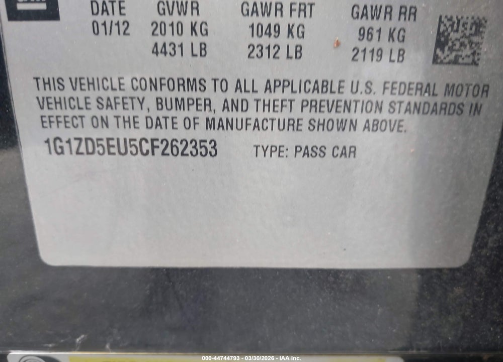 2012 CHEVROLET MALIBU 2LT VIN: 1G1ZD5EU5CF262353