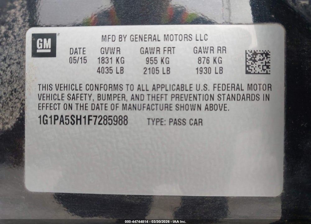 2015 CHEVROLET CRUZE LS AUTO VIN: 1G1PA5SH1F7285988
