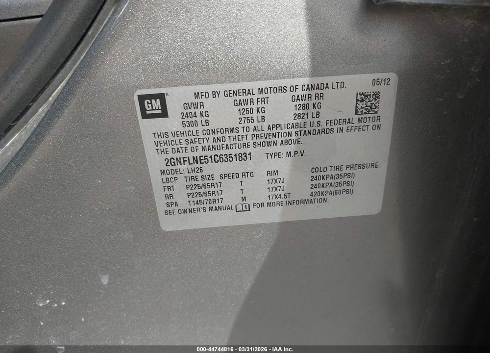2012 CHEVROLET EQUINOX 2LT VIN: 2GNFLNE51C6351831