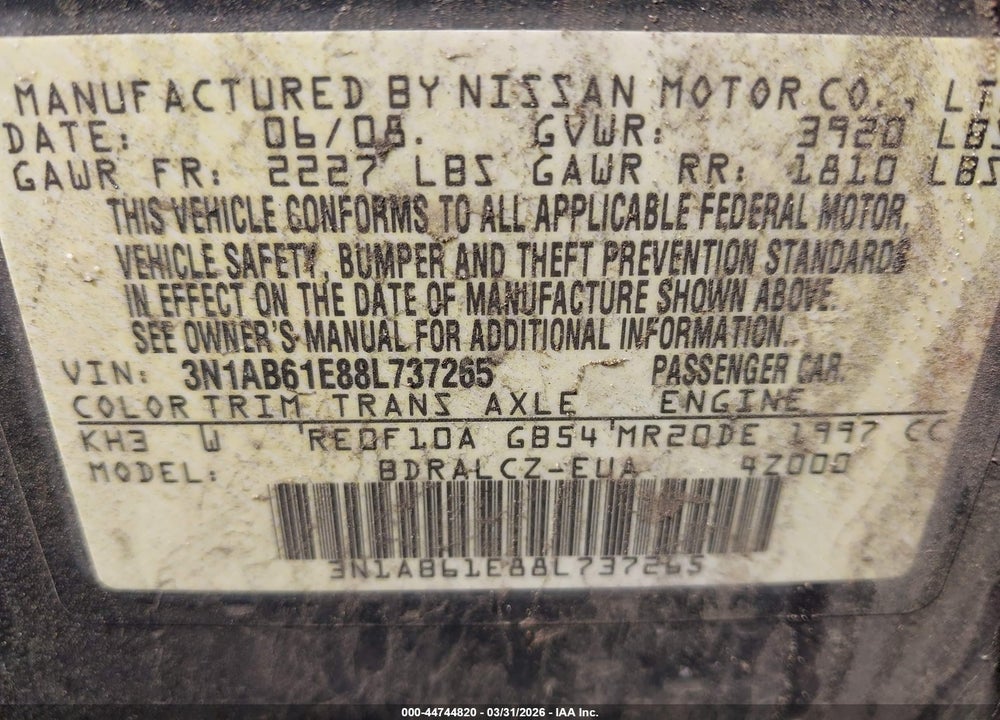 2008 NISSAN SENTRA 2.0 VIN: 3N1AB61E88L737265
