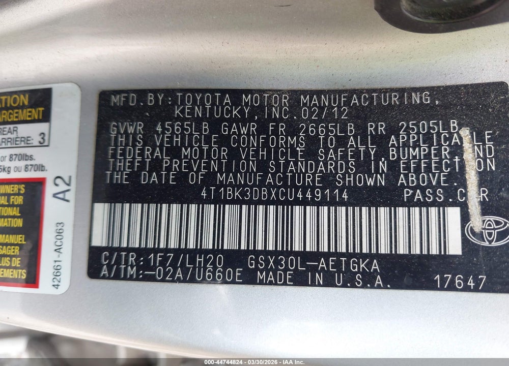 2012 TOYOTA AVALON VIN: 4T1BK3DBXCU449114