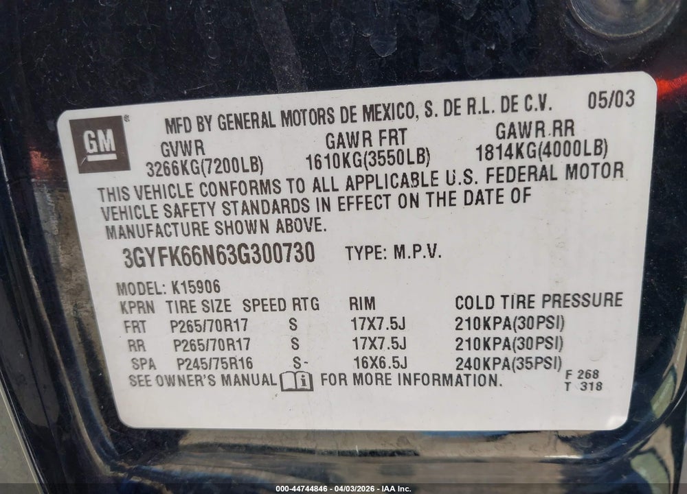 2003 CADILLAC ESCALADE ESV STANDARD VIN: 3GYFK66N63G300730