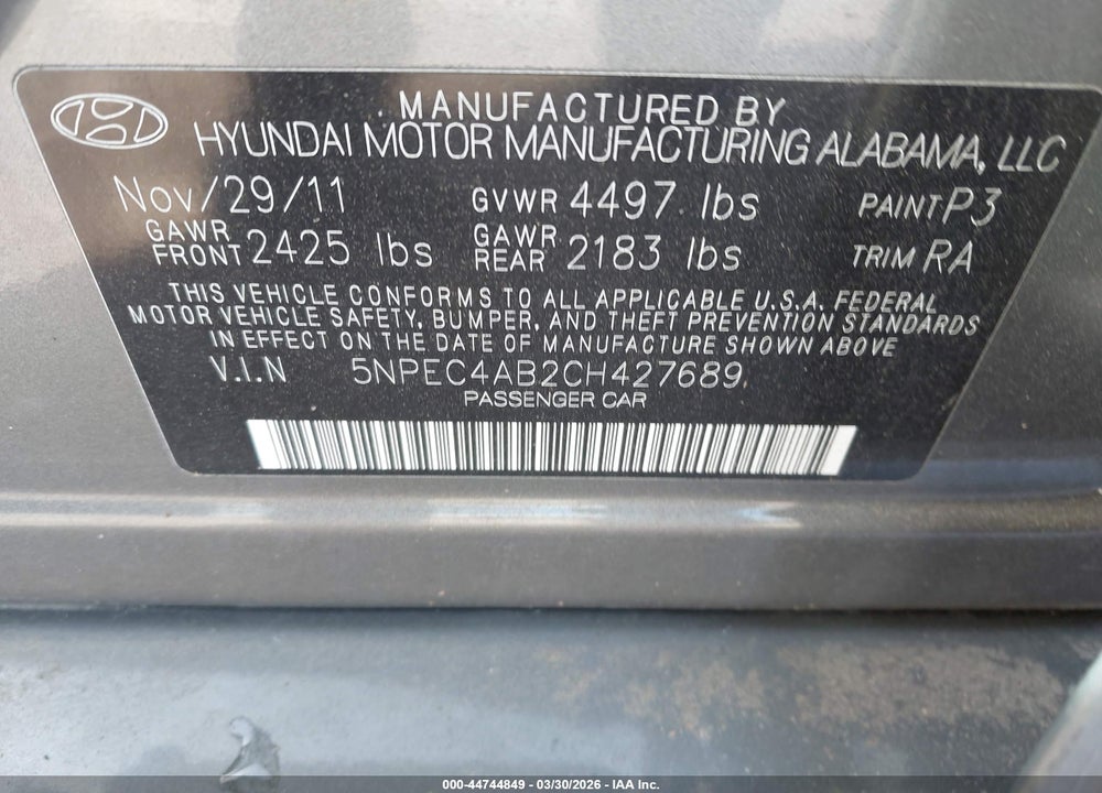 2012 HYUNDAI SONATA SE 2.0T VIN: 5NPEC4AB2CH427689